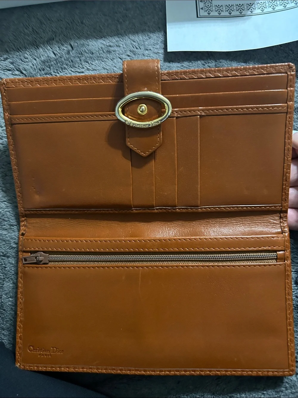 Dior Orange Textured Leather Long Wallet with Gold Oval Clasp